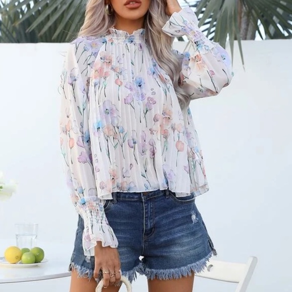 09 Boho Floral Print Frill Neck Ruffle Sleeve Blouse - Picture 3 of 8